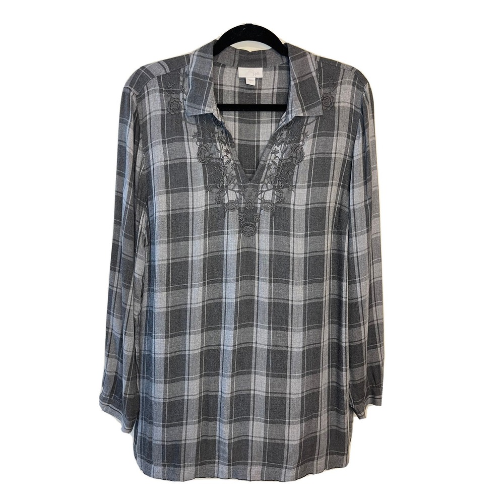 J Jill Large Gray Plaid Embroidered Collar Long Sleeve Rayon Long Tunic Top